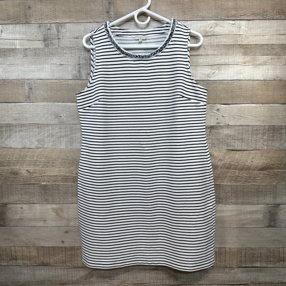 Talbots Petites Navy White Striped Sleeveless Shift Dress Braided Trim 16P
